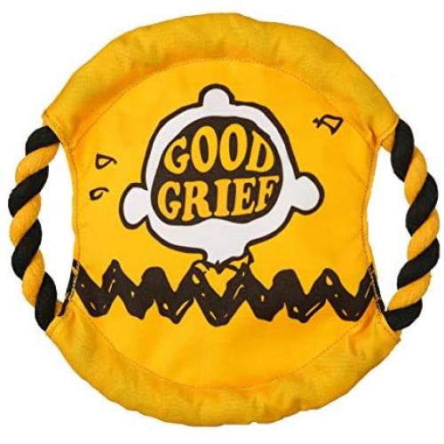 Peanuts Good Grief Rope Frisbee Dog Toy | Officially Licensed Peanuts Dog Rope Toy Frisbee | Yellow Dog Frisbee Rope Dog Toy with Good Grief