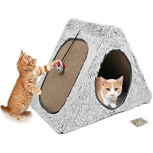 Cat Scratcher Cardboard House Condo, Removable Cat Scratcher Pads with Mouse Toy & Catnip, Reversible Panel Vertical Foldable Cat Scratching Lounger, Recycle Corrugated Cat Scratch Couch Bed