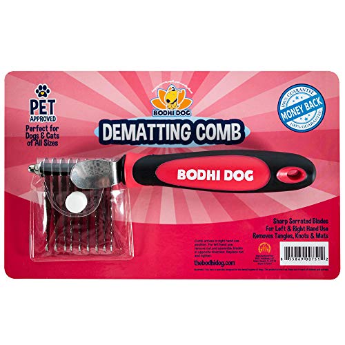 Professional Dematting Comb and Remover | Cut and Removes Knots & Tangled Mat Hair and Fur on Cats and Dogs | Pet Grooming Right & Left Handed | Rubber Grip Tool with Stainless Cutting Blades