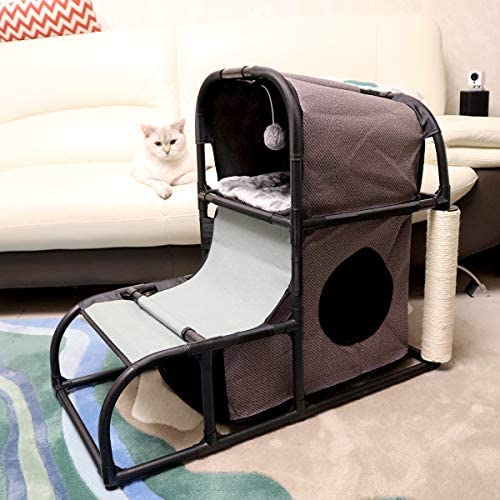 Goetland Modern Cat Tree House Condo Pet Furniture Large Cat Tower Bed Scratching Post Climber Peek Holes Dangling Toy