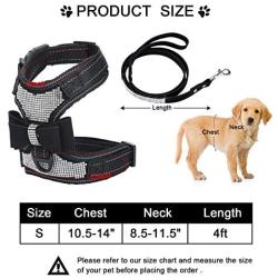 Rhinestone Bling Dog Harness and Pet Leash Reflective Bling Dog Vest with Bow Tie Adjustable Pet Rhinestone Harness for Small Dogs Walking Party Wedding (Black)