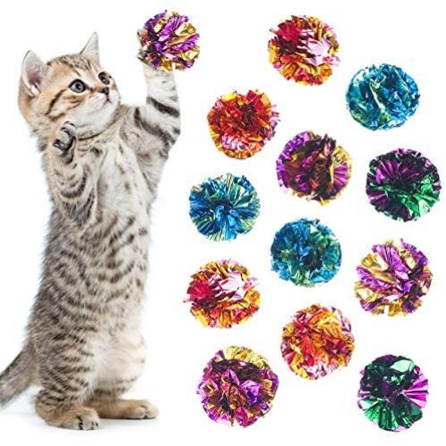 Sumind 24 Pieces Colorful Crinkle Cat Toys Balls Kitten Mylar Balls with Rustle Sound for Playing and Interact with Cats (Random Color)