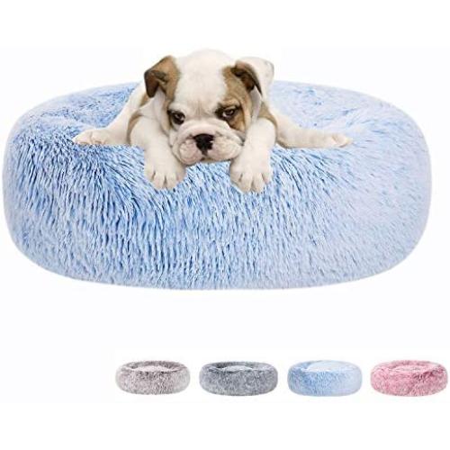 Poohoo Calming Faux Fur Donut Cuddler Dog Bed,Washable Round Cat Bed Pillow Cuddler Gradient Color(23''/30'') for Small Medium Dogs (M 23'', Blue)