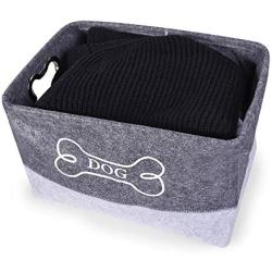 DOZCA Felt Dog Toy Box, Dog Basket with Bone Shaped Metal Handle, Dog Food Storage Bin for Organizing Toys, Leashes, Bandanas and Blankets