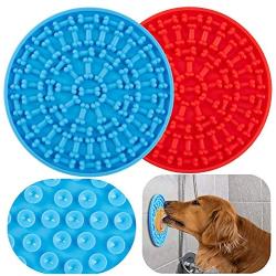 Ximoon 2 Sets Dog Lick Pad, Slow Dispensing Treater Mat with 37 Strong Suctions to Wall, Dog Bath Distraction Device, Peanut Butter Lick Mat for Pet Bathing Grooming and Training (Red + Blue)