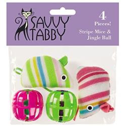 SAVVY TABBY Striped Mice and Jingle Balls Cat Toys, 4-Packs