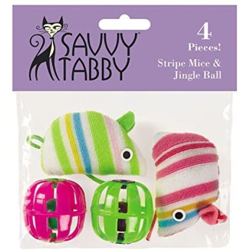 SAVVY TABBY Striped Mice and Jingle Balls Cat Toys, 4-Packs SAVVY TABBY Striped Mice and Jingle Balls Cat Toys, 4-Packs