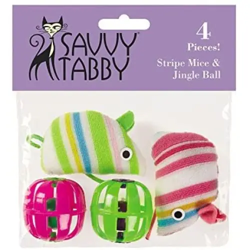 SAVVY TABBY Striped Mice and Jingle Balls Cat Toys, 4-Packs