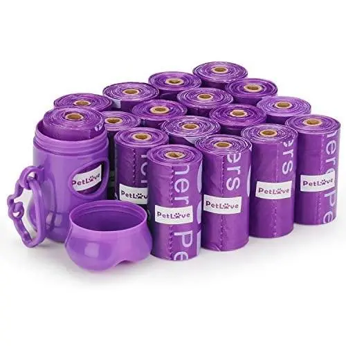 PetLove 240 Count Durable EPI Biodegradable Environment Friendly Dog Poop Bags, Scented Poop Bags for Dogs, Dog Waste Bag, Dispenser Included (15 Bags/Roll, 16 Rolls), Purple Lavender