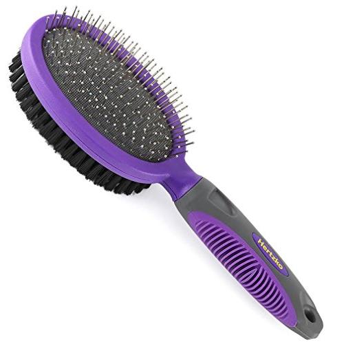 Double Sided Pins and Bristle Brush by Hertzko - For Dogs and Cats with Long or Short Hair - Dense Bristles Remove Loose Hair from Top Coat and Pin Comb Removes Tangles, and Dead Undercoat