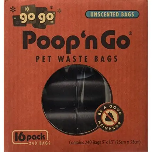 GoGo Pet Products Poop n Go Waste Bags (16 Rolls/240 Bags Per Box), Unscented, Black, Large