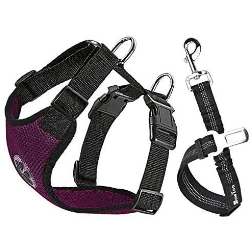SlowTon Dog Car Harness Plus Connector Strap, Multifunction Adjustable Vest Harness Double Breathable Mesh Fabric with Car Vehicle Safety Seat Belt