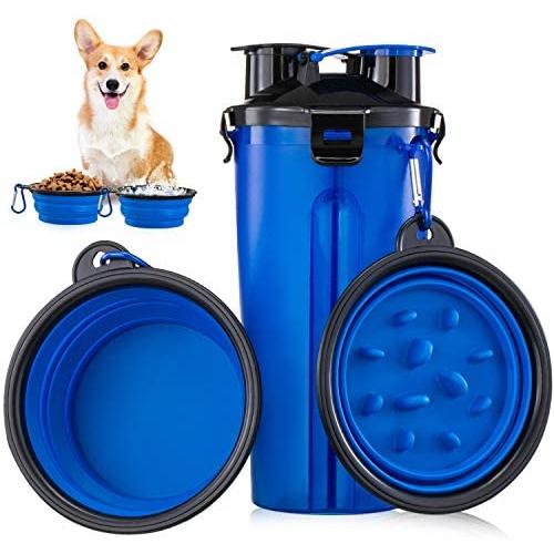 Dog Water Bottle for Walking, Portable Water Bottle for Dogs, with Collapsible Dog Water Bowl and Slow Feeder Bowl for Travel