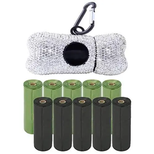 Bling Dog Poop Bag Holder with Bonus 150pcs Dog Poop Waste Bags and Metal Carabiner Clip, Bling Rhinestone Poop Bag Leash Dispenser for Pet Dog Doggy. (Sliver)