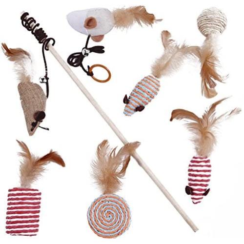 OCSOSO Pet Cat Toy Sets Cute Design Bird Mouse Fish Feather Teaser Wand Plastic Toy for Cats