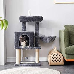 IBUYKE Cat Tree Tower Condo Cat Play Furniture 36.2'' with Sisal Scratching Posts and Board, Perches, Cat House, Dangling Balls, for Pet Cat Kitten, Light Gray Smoky Gray, UCT007