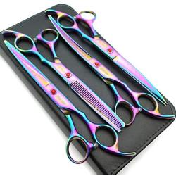 7.0in Titanium Professional Pet Grooming Scissors Set,Straight & Thinning & Curved Scissors 4pcs Set for Dog Grooming…