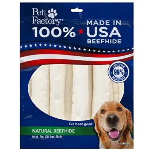 Pet Factory Natural Beefhide Dog Treats 78208, Made in USA, Digestive 8-Inch Retriever Dog Chew Rolls, No Artificial Preservatives or Additives, 10-Pack. Resealable Package Pet Factory Natural Beefhide Dog Treats 78208, Made in USA, Digestive 8-Inch Retriever Dog Chew Rolls, No Artificial Preservatives or Additives, 10-Pack. Resealable Package