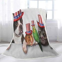 Fourth of July Blankets and Throws 50'' x 60'', Cute Pet Animal Dog Cat Bird and Hamster with American Hat Celebration Image Custom Blanket - Multicolor