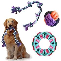 insoftb Tough Rope Chew Toys Set for Medium Large Dogs 3 Pack 100% Natural Cotton 5-Knot 2-feet Tug of War Rope Big Playing Ball Circle Toy