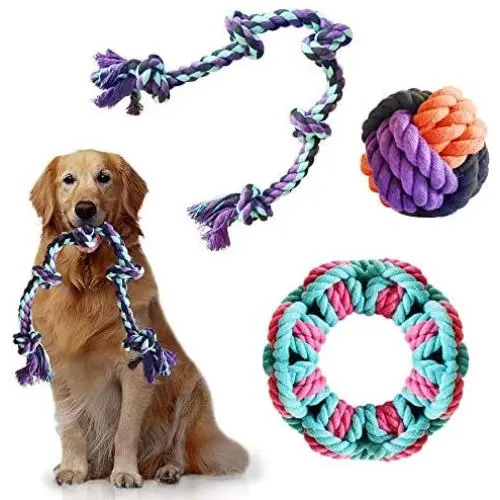 insoftb Tough Rope Chew Toys Set for Medium Large Dogs 3 Pack 100% Natural Cotton 5-Knot 2-feet Tug of War Rope Big Playing Ball Circle Toy