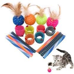 JpGdn 1Set/18pcs Cat Spring Toy Kitten Ball with Feather Spring Tube Coil for Indoor Cat Pet Colorful Stretchable Interactive Play Toy Set