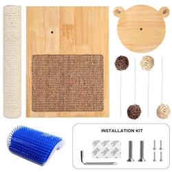 Odoland Cat Scratching Posts with Cat Self Groomer Massage Comb, 1 Sisal Scratch Pole Cat Scratcher with 4 Dangling Ball, Carpeted Base Play Area with Sisal Cat Scratching Pad and Small Perch