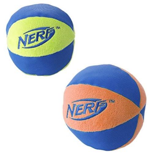 Nerf Dog Chewable Ball Dog Toy with Interactive X-Ring Design, Lightweight, Durable and Water Resistant, 6.5 Inch Diameter For Medium/Large Breeds, Two Pack, Orange/Blue & Green/Blue
