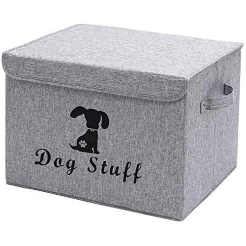 Geyecete Linen Dog Storage Basket Bin Chest Organizer with Lid and Handles - Perfect for Organizing Dog Toys, Dog Clothing, Storage Trunk