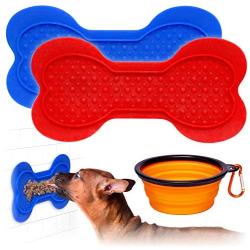 CramuAli Dog Lick Pads - 2 Large Dog Washing Distraction Device, Peanut Butter Lick Mat, Dispensing Treater Mat with Super Suction for Pet Bathing, Grooming, Dog Training + 1 Collapsible Bowl