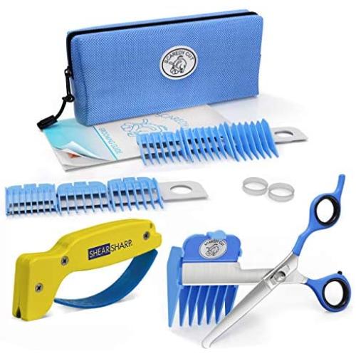 Scaredy Cut Silent Pet Grooming Kit for Dog, Cat and All Pet Grooming - A Quiet Alternative to Electric Clippers for Sensitive Pets (17pc RH + Scissor Sharpener, Blue)