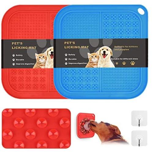 OTIME 2 Pack Dog Lick Mat with Suction Cups Dog Slow Feeder Dog Licking Mat Pet Mat Anxiety Relief Dog Cat Lick Training Licking Mat for Food, Yogurt, Peanut Butter(Blue and Red)