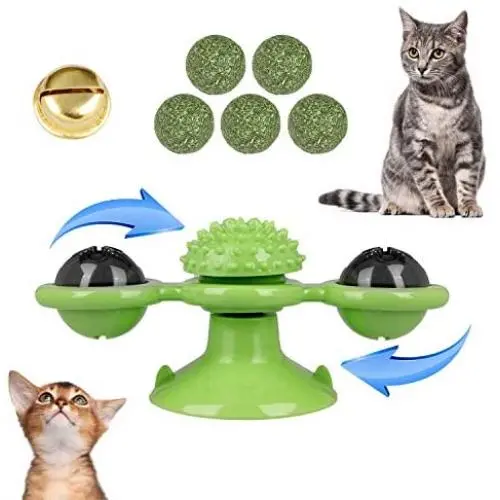 LATTOOK Windmill Cat Toy, Interactive Puzzle Cat Toy with Suction Cup, Scratching Tickle Cats Hair Brush, Portable Turntable Grooming Shedding Massage Tickle with Catnip and Bells