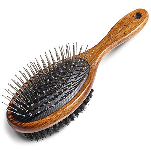 Premium Handmade Pet Double Sided Pin & Bristle Grooming Beechwood Brush for Dogs & Cats with Short or Long Hair, Effortlessly Remove Loose Hair Plus Stimulate Skin While Creating a Soft Coat Shine.