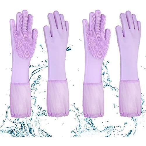 2 Pairs Magic Silicone Gloves, Pet Grooming Gloves Hair Removal, Dogs & Cats Bath Scrubber with High Density Teeth Cleaning Gloves, Reusable Kitchen Dishwashing Gloves