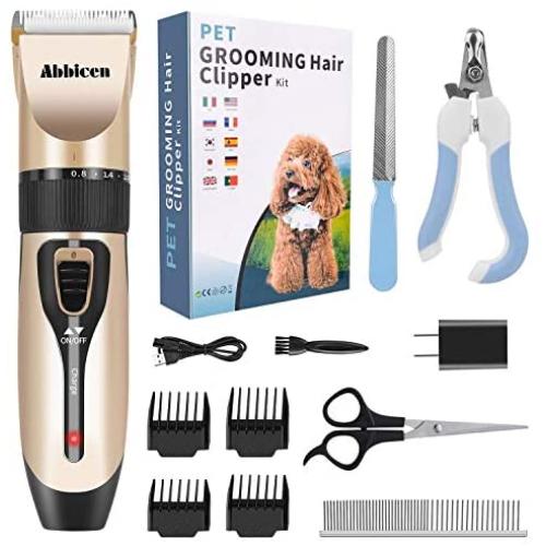 Abbicen Professional Dog Clippers Low Noise Cordless Rechargeable Electric Quiet Pet Hair Grooming Clippers for Dogs Cats Horse Pets with 4 Attachment Guide Combs and Scissors