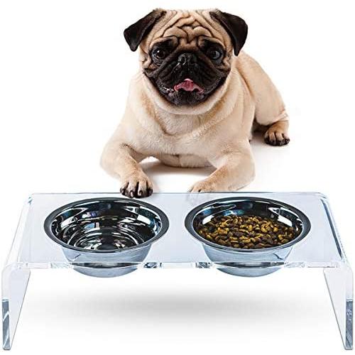 ZEXPRO Acrylic Elevated Pet Bowls - Raised Clear Feeding Stand for Cats and Small Dogs - 2 Stainless Steel Food Container No Splash, Spill, Messy Floors Feed Pedestal