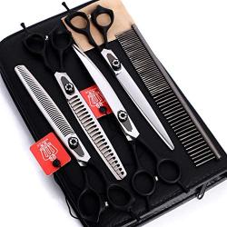 Purple Dragon 8.0 inch Black Cutting& Chunker Pet Grooming Stainless Steel Scissors with Comb Dog Hair Cutting and Thinning Shears Kit with Comb Dog Grooming for Pet Groomer 5pcs
