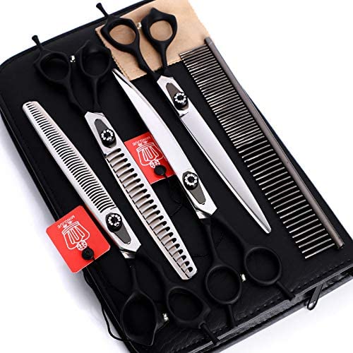 Purple Dragon 8.0 inch Black Cutting& Chunker Pet Grooming Stainless Steel Scissors with Comb Dog Hair Cutting and Thinning Shears Kit with Comb Dog Grooming for Pet Groomer 5pcs