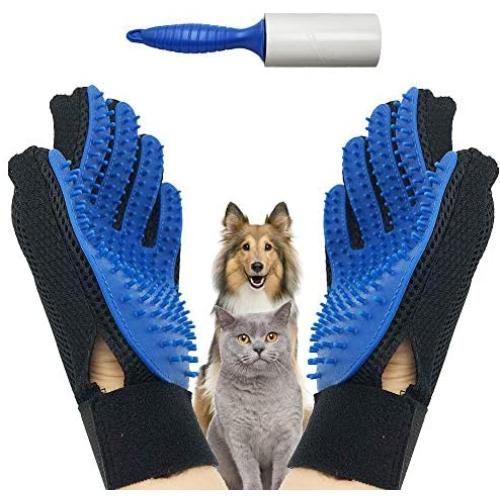 EJG New Version 1 Pair Pet Grooming Gloves with Hair Removal Brush, Deshedding Gloves to Brush and Remove Pet Hair, Dematter Deshedder for Dog, Cat, Horse with Long & Short Fur