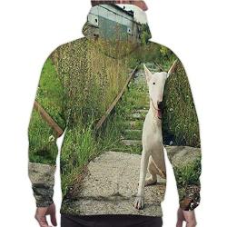 White Bullterrier on Nature England,Unisex 3D Print Pullover Hooded Hoodies with a Big Pocket Bull Terrier S