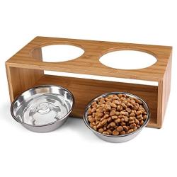 Flexzion Elevated Raised Dog and Cat Pet Feeder Bowls - Raised Stand Feed Station Tray Waterer with Double Stainless Steel Bowl Dish for Dog Cat Food and Water Modern Bamboo Style