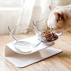 JUILE YUAN Cat Raised Stand Double Transparent Plastic Bowl,Pet Feeding Bowl | Pet Food Water Feeder Bowl for Cats and Dogs ，Cute Cat Face Elevated Double Bowl 15 Degree Tilted Design Neck Guard