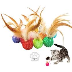 JpGdn 10Pcs Cat Toys Ball with Feather Kitten Balls with Bells Colorful Interactive Play Toy