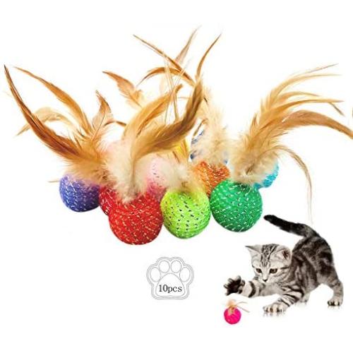 JpGdn 10Pcs Cat Toys Ball with Feather Kitten Balls with Bells Colorful Interactive Play Toy