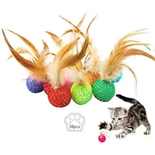 JpGdn 10Pcs Cat Toys Ball with Feather Kitten Balls with Bells Colorful Interactive Play Toy