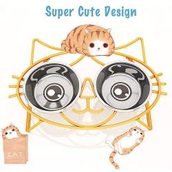E-ROOM TREND Elevated Cat Bowls,Cute Metal Raised Pet Bowl for Cat and Small Dog Come with 2 Stainless Steel Cat Feeder Bowls Set for Food and Water with Anti Slip Feet