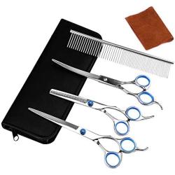 Mxcudu Professional Dog Grooming Scissors Set, 5 Pcs Pet Grooming Scissor with Straight Scissor, Thinning Scissor, Curve Scissor, Stainless Steel Comb