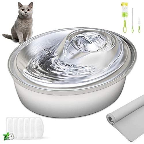 ORSDA Cat Water Fountain Stainless Steel, Pet Fountain Dog Water Dispenser, 67oz / 2L Ultra-Quiet Automatic Cat Drinking Fountains with 6 Replacement Filters & 1 Silicone Mat for Cats, Small Dogs