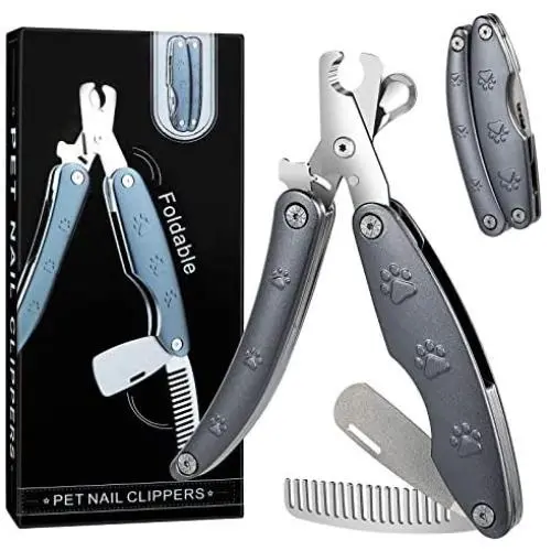 Dog Nail Clippers Upgraded - 3 in 1 Foldable Dog Nail Trimmers with Safety Guard to Avoid Over Cutting - Free Hidden Pet Nail File and Hair Brush Comb, Professional Grooming Tool for Dogs and Cats